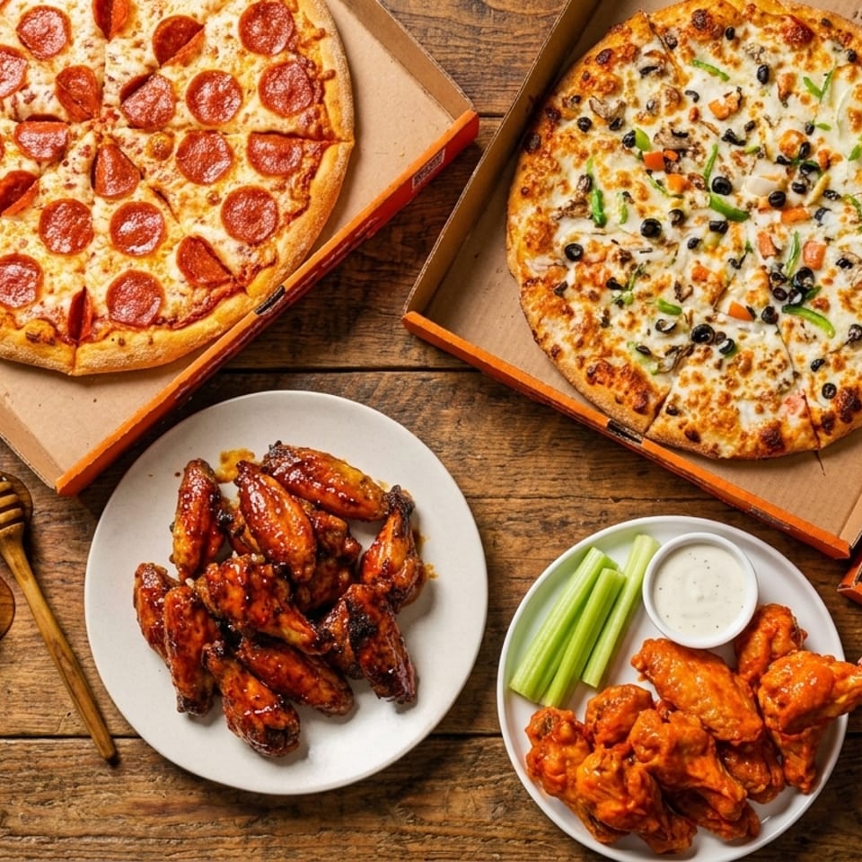 Three pizzas, two plates of chicken wings, and honey on a rustic wooden table.