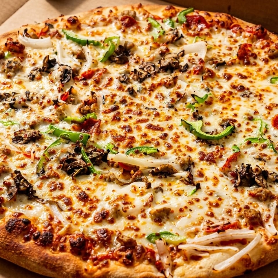 A freshly baked pizza with melted cheese, sausage, mushrooms, onions, and green peppers in a box.