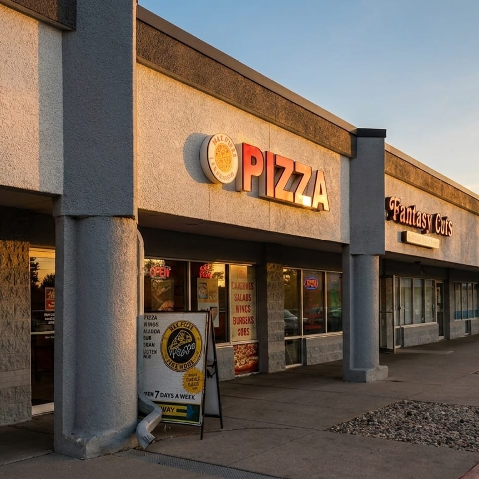 Exterior of a pizza restaurant with a large "PIZZA" sign and an A-frame menu board at sunset.