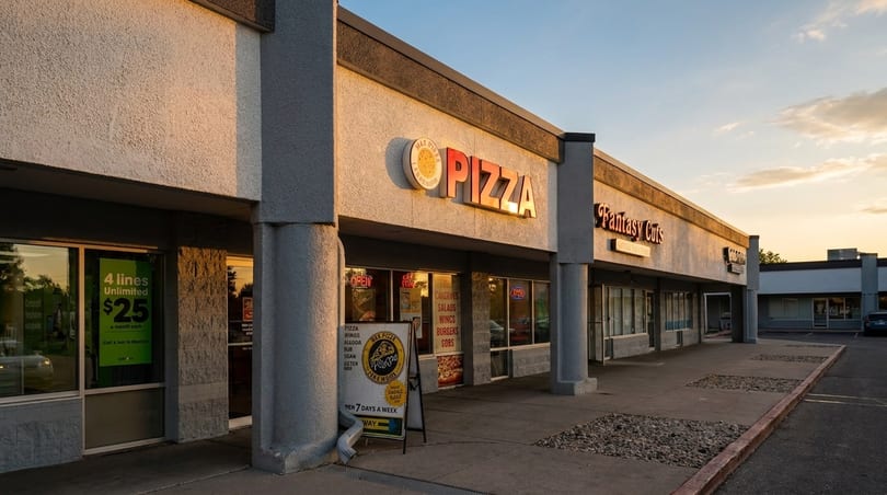 Exterior of a pizza restaurant with a large "PIZZA" sign and an A-frame menu board at sunset.