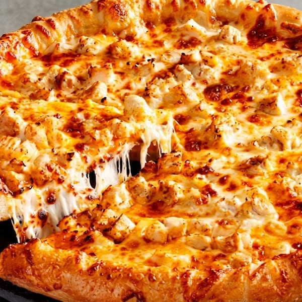 A slice of cheesy chicken pizza being lifted, with melted cheese stretching from the pie.