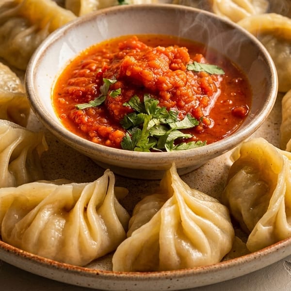 Steaming momos arranged on a plate around a bowl of vibrant red chili sauce garnished with cilantro.