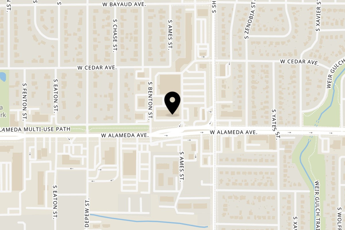 Map showing the location of Max Pizza Lakewood on 275 S Sheridan Blvd in Lakewood